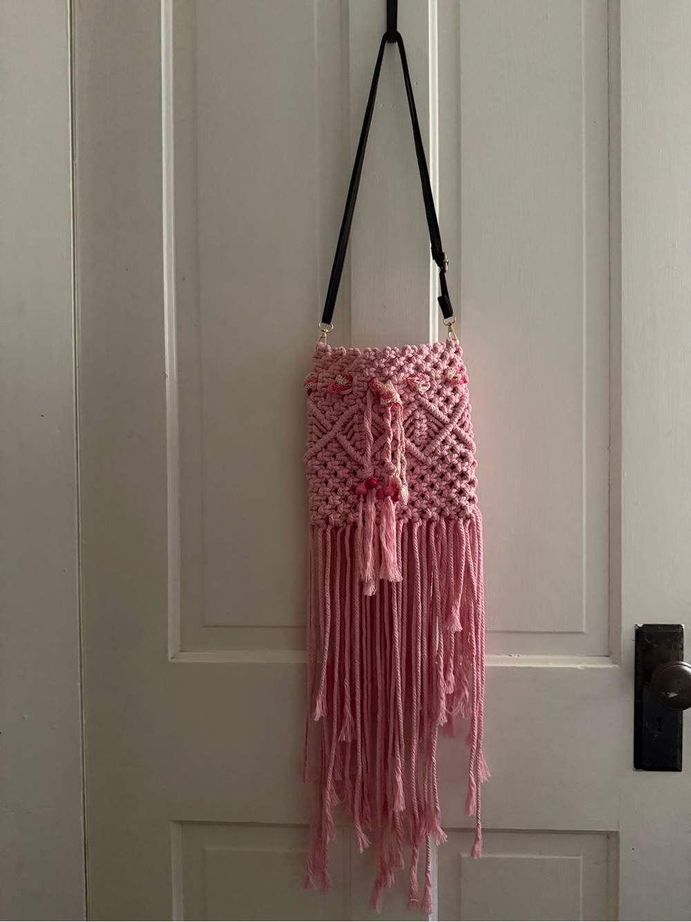 Pink Macramé Fringe Crossbody Bag